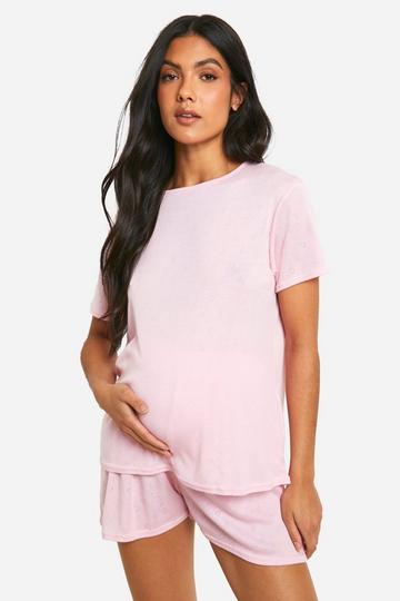 Pink Maternity Pointelle Heart Stitch Short Sleeve Pj Set