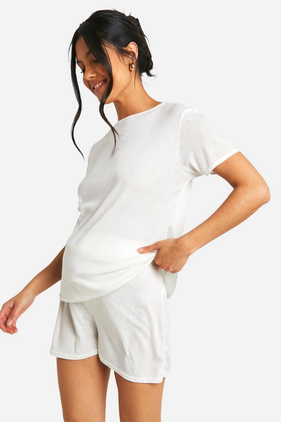 White Zwangerschap Pyjama Set Met Gaatjes En Hartjes Stiksels En Korte Mouwen