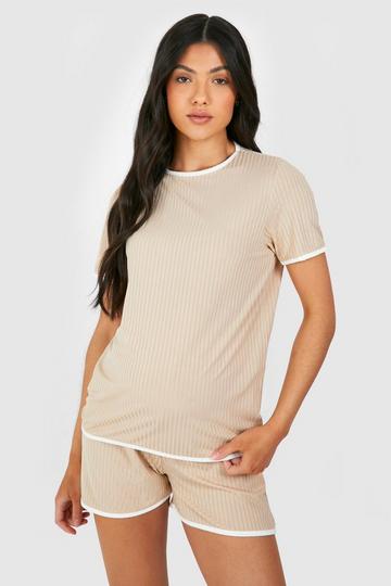 Maternity Contrast Binding Rib Short Lounge Set oatmeal