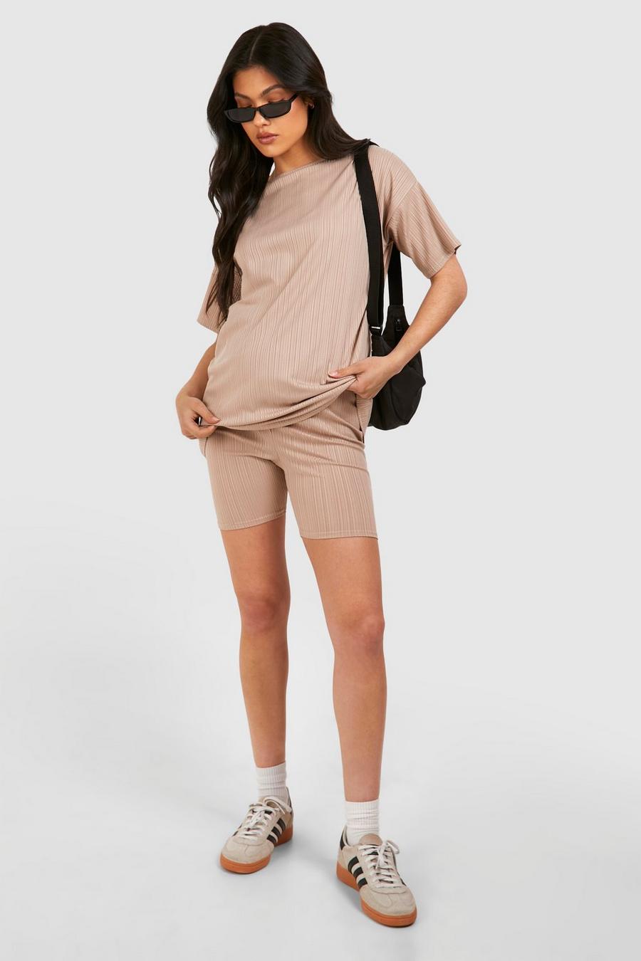 Stone Maternity Ribbed Oversized T-shirt And Cycling Short Set image number 1