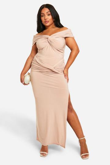 Plus Double Slinky Twist Front Off Shoulder Top mocha