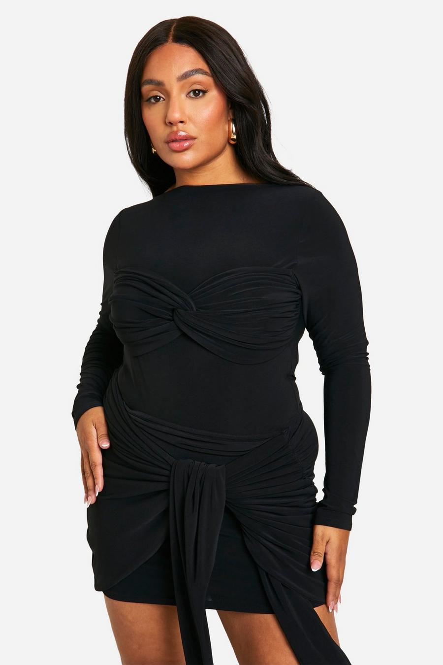 Black Plus Minikjol i glansigt tyg med knytdetalj image number 1