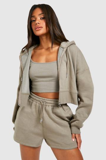 Deep Hem Crop Zip Through Short Tracksuit washed khaki