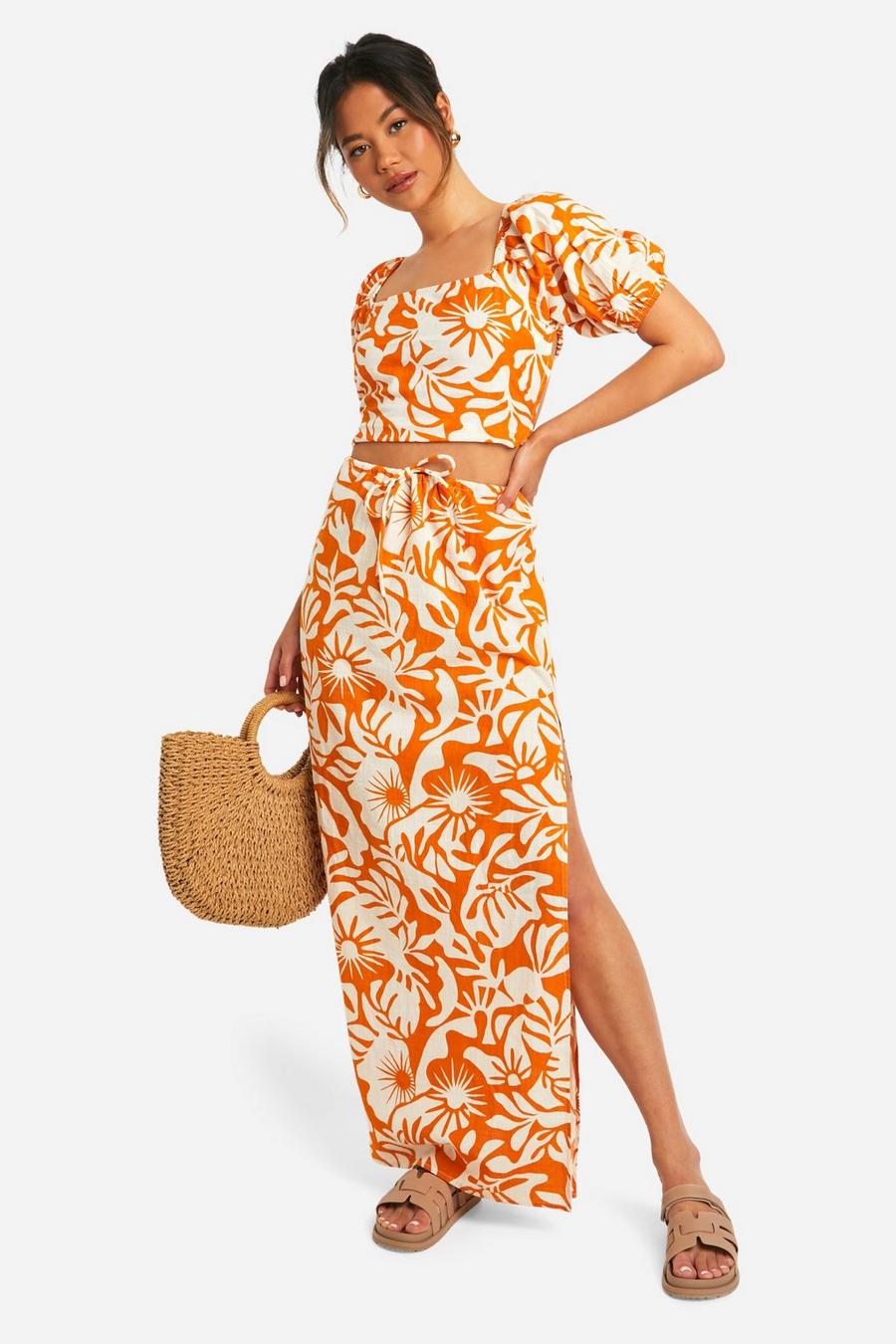 Orange Abstract Floral Printed Cotton Maxi Skirt  image number 1