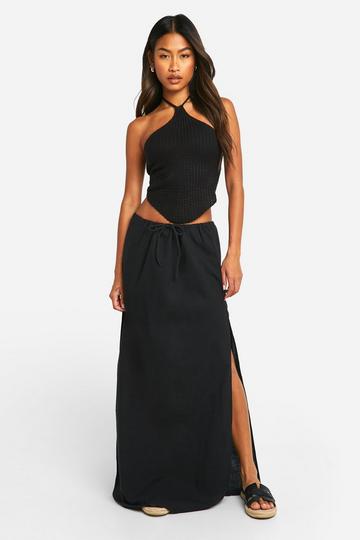 Drawstring Waist Cotton Maxi Skirt black