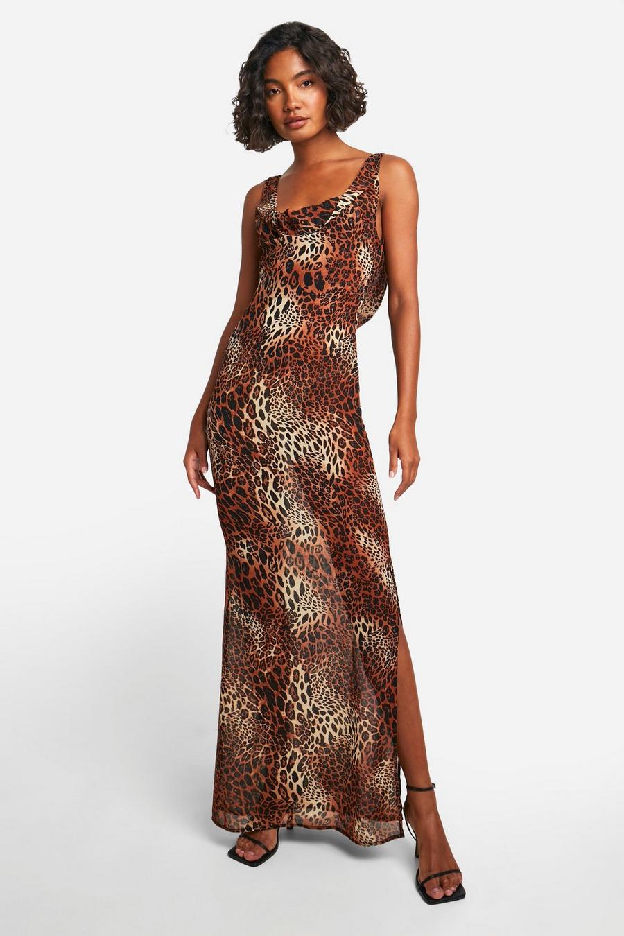 Brown Tall Chiffon Leopard Cowl Neck Dress image number 1