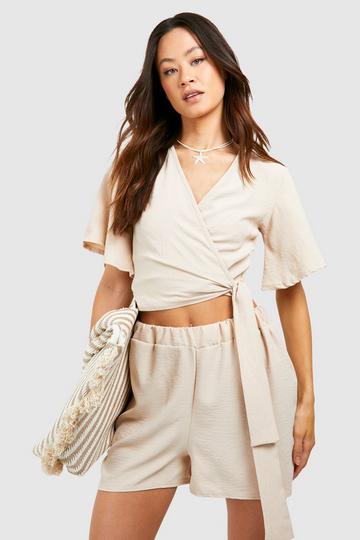 Stone Beige Tall Beach Wrap Top And Shorts Co-ord