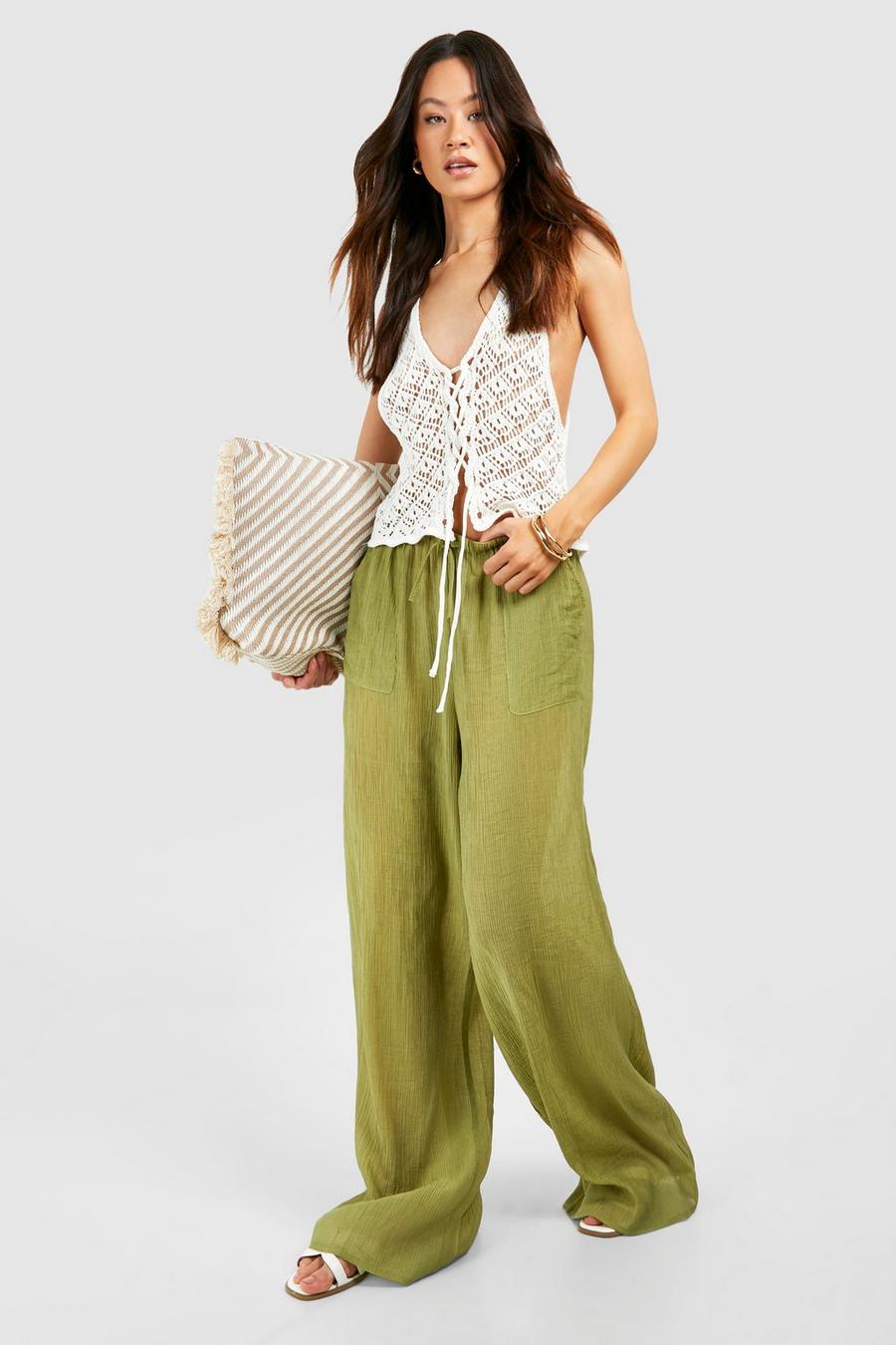 Khaki Tall Crinkle Wide Leg Trousers image number 1