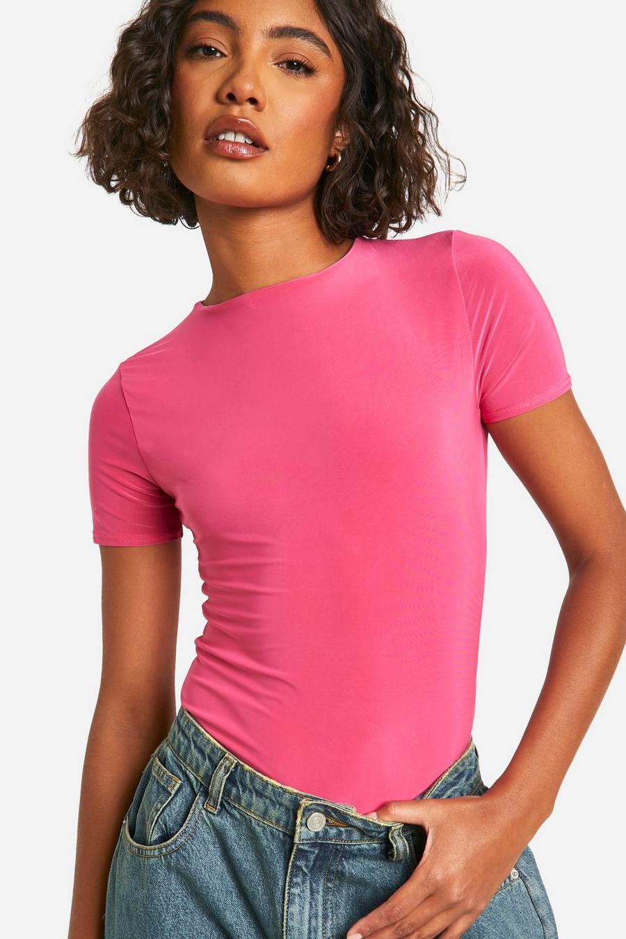 Pink Tall Double Slinky Crew Neck Bodysuit image number 1