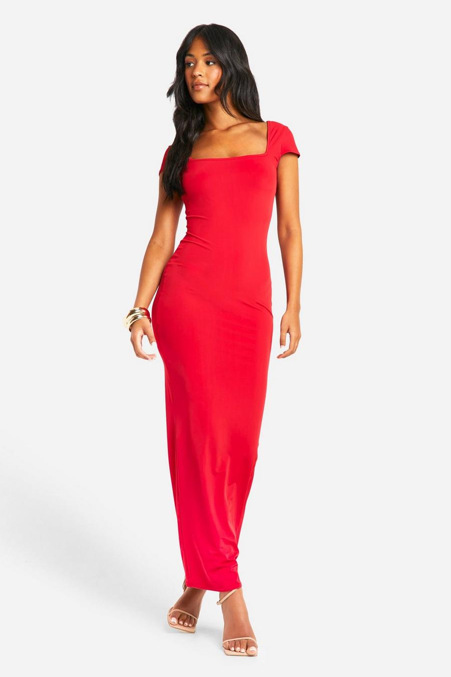 Red Tall Premium Matt Slinky Cap Sleeve Maxi Dress   
