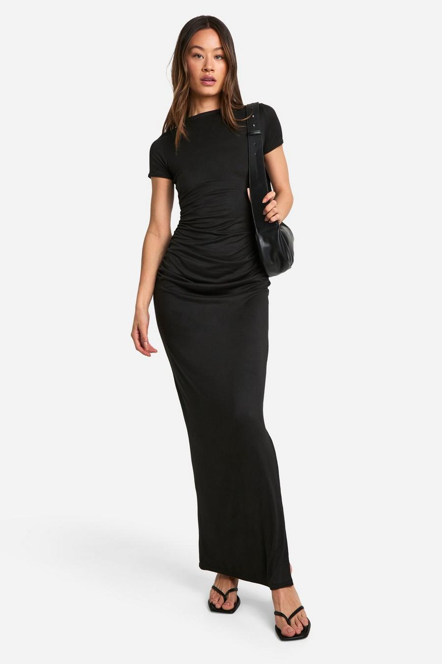 Black Tall Super Soft Jersey Ruched Split T-shirt Dress image number 1