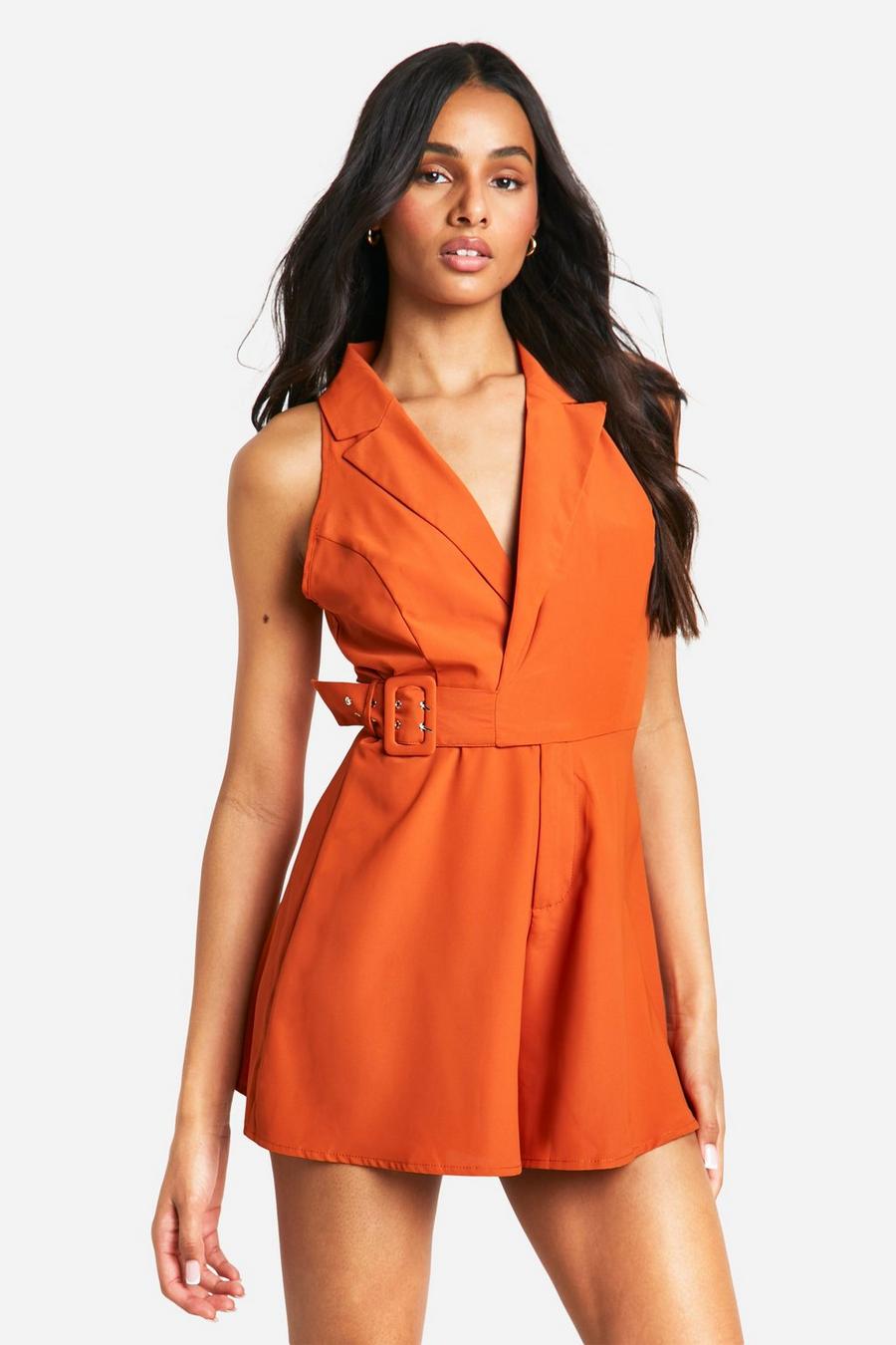 Rust Tall Woven Collared Buckle Detail Playsuit   image number 1