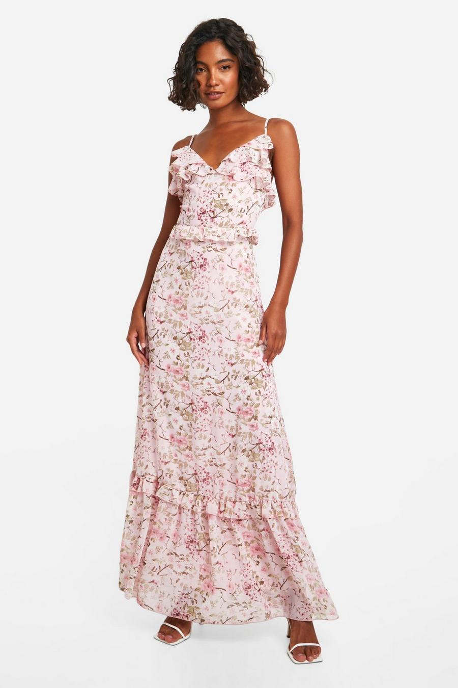 Pink Tall Woven Floral Ruffle Maxi Dress image number 1