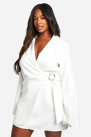 Plus Buckle Detail Tie Waist Tailored Blazer Dress white