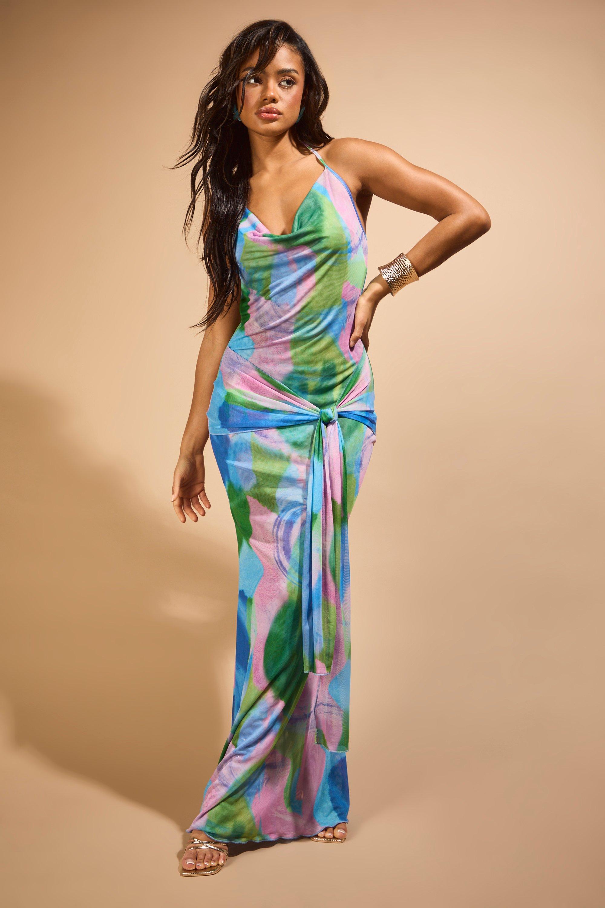 Molly Smith Cowl Neck Tie Front Printed Maxi Dress | boohoo USA