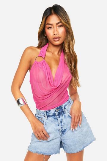 Mesh Hemdje Met Halter Neck En Ring Detail hot pink