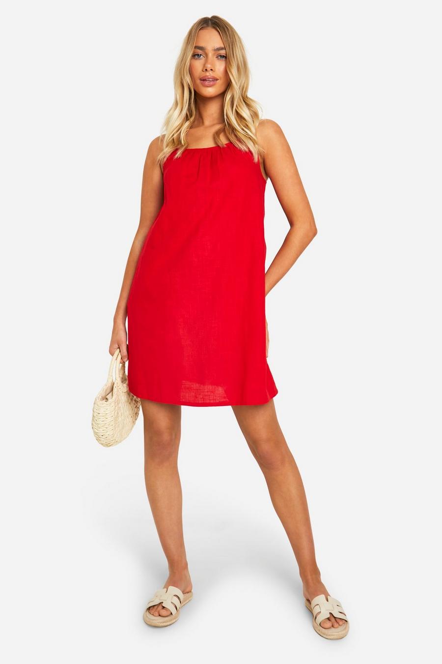 Red Cotton Blend Strappy Swing Dress image number 1