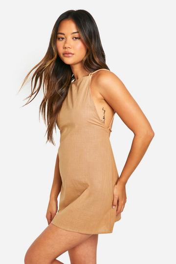 Stone Beige Cotton Blend Strappy Open Back Dress