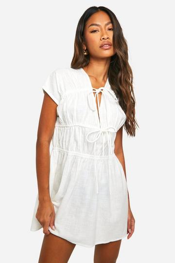 White Cotton Blend Ruched Plunge Mini Dress