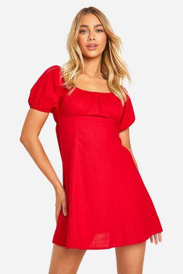 Cotton Blend Puff Sleeve Skater Dress red