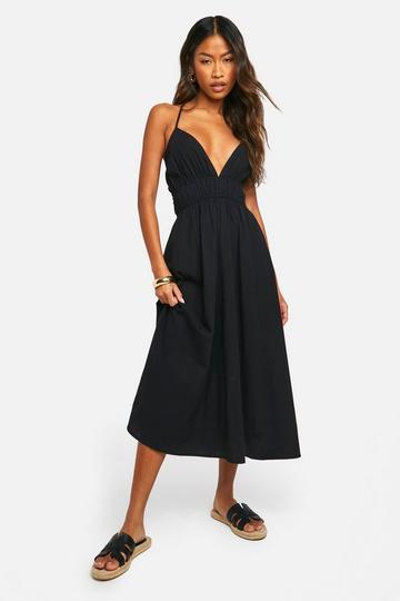 Cotton Blend Plunge Midaxi Dress black