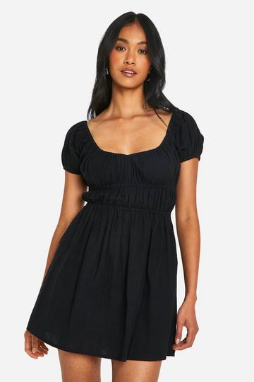 Black Cotton Blend Ruched Puff Sleeve Mini Dress