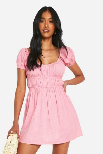 Cotton Blend Ruched Puff Sleeve Mini Dress pink