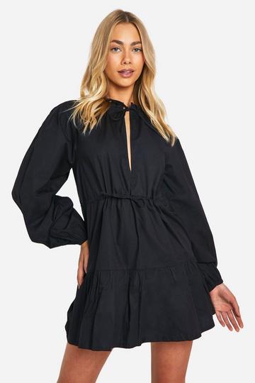 Cotton Poplin Ruched Smock Dress black