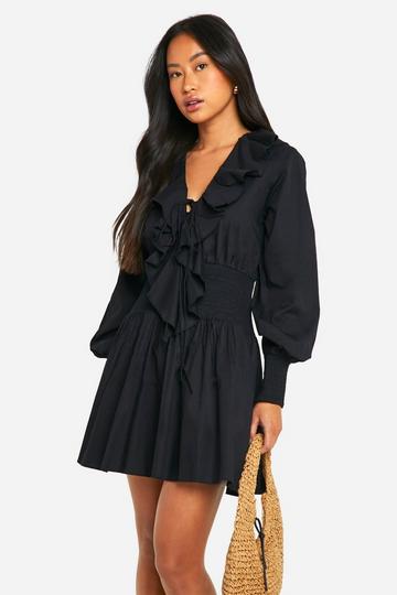 Cotton Poplin Frill Detail Skater Dress black