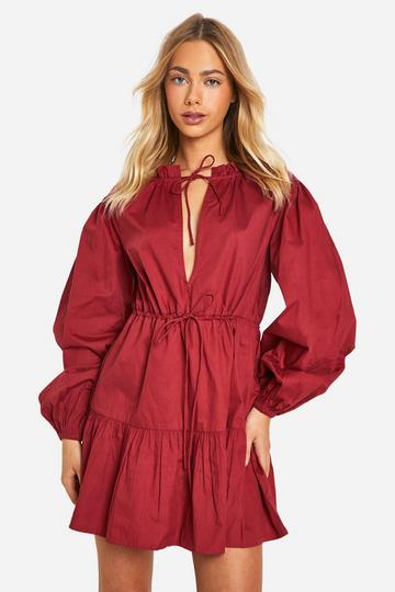 Cotton Poplin Ruched Smock Dress raspberry