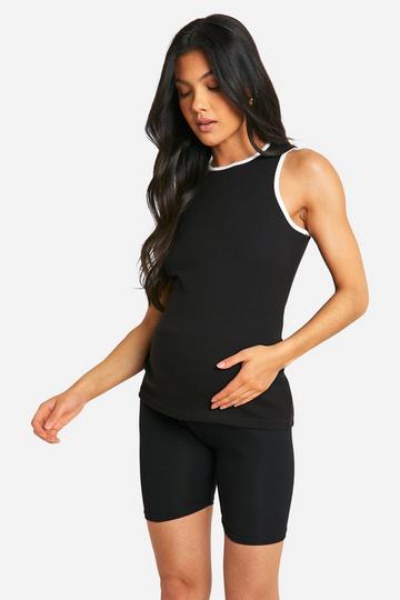 Black Maternity Contrast Binding Rib Racer Neck Tank Top