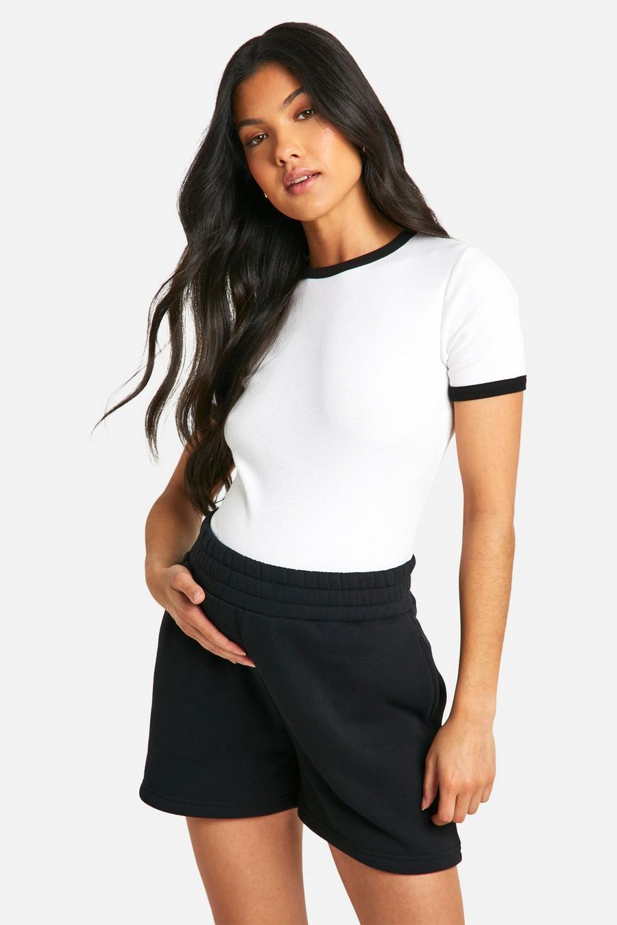White Zwangerschap Geribbeld T-Shirt Met Contrasterende Stiksels