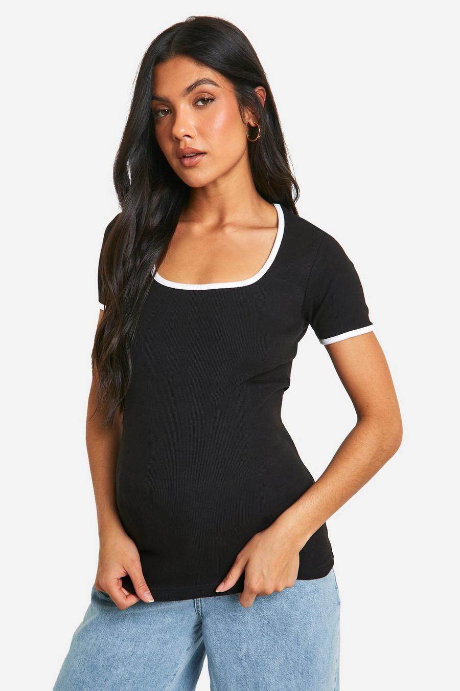 Black Zwangerschap Geribbeld T-Shirt Met Vierkante Hals En Contrasterende Stiksels