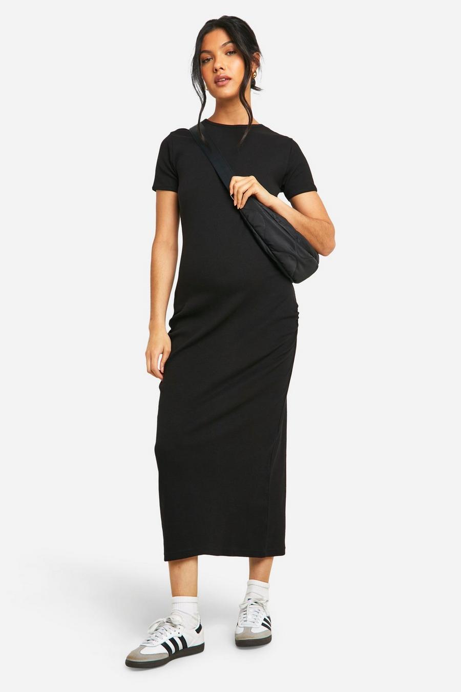 Black Maternity Ribbed Cap Sleeve Midaxi Dress