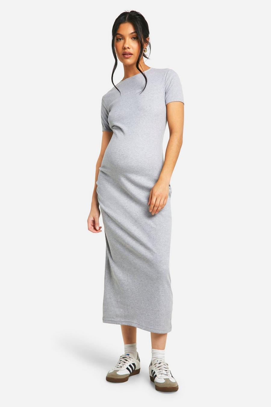 Grey Maternity Ribbed Cap Sleeve Midaxi Dress