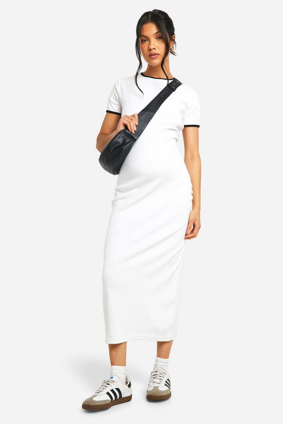 White Maternity Ribbed Cap Sleeve Contrast Binding Midaxi Dress