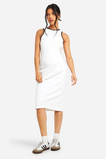 Maternity Ribbed Racer Neck Contrast Binding Midi Dress white