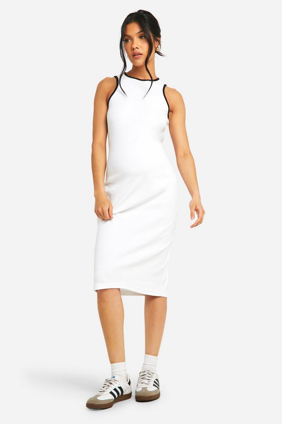 White Maternity Ribbed Racer Neck Contrast Binding Midi Dress image number 1