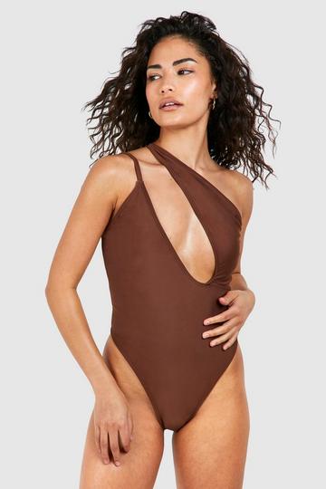 Petite Plunge One Shoulder Swimsuit chocolate
