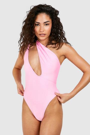 Petite Plunge One Shoulder Swimsuit pink
