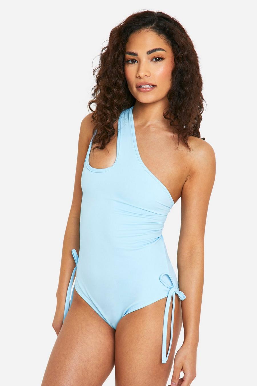 Light blue Petite One Shoulder Ruched Swimsuit