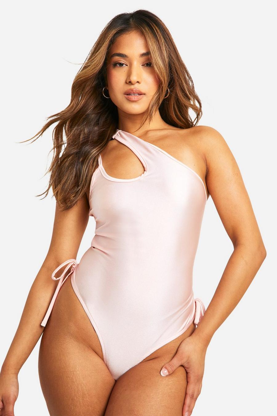 Baby pink Petite One Shoulder Ruched Swimsuit image number 1
