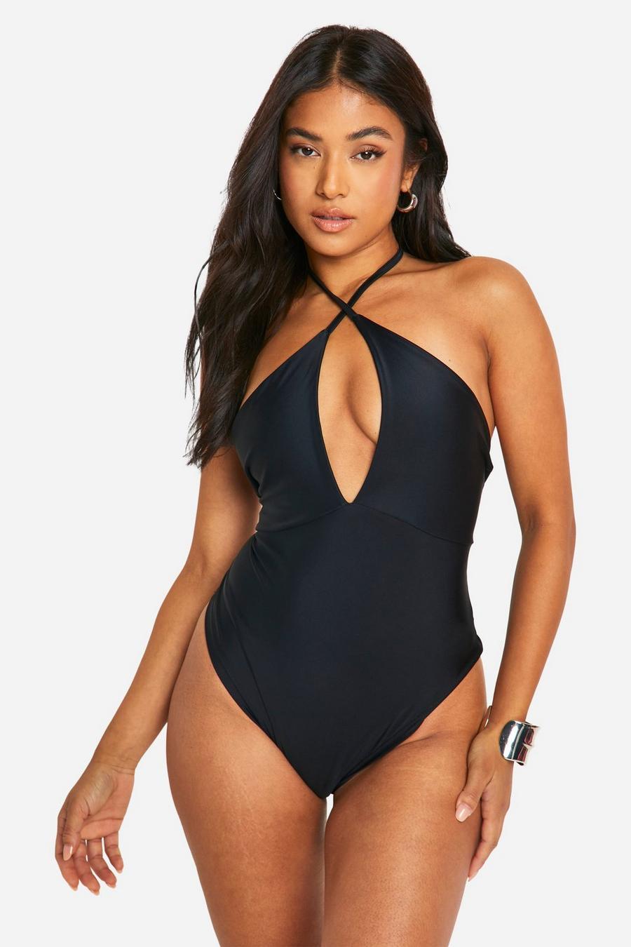 Black Petite Cross Front Swimsuit image number 1