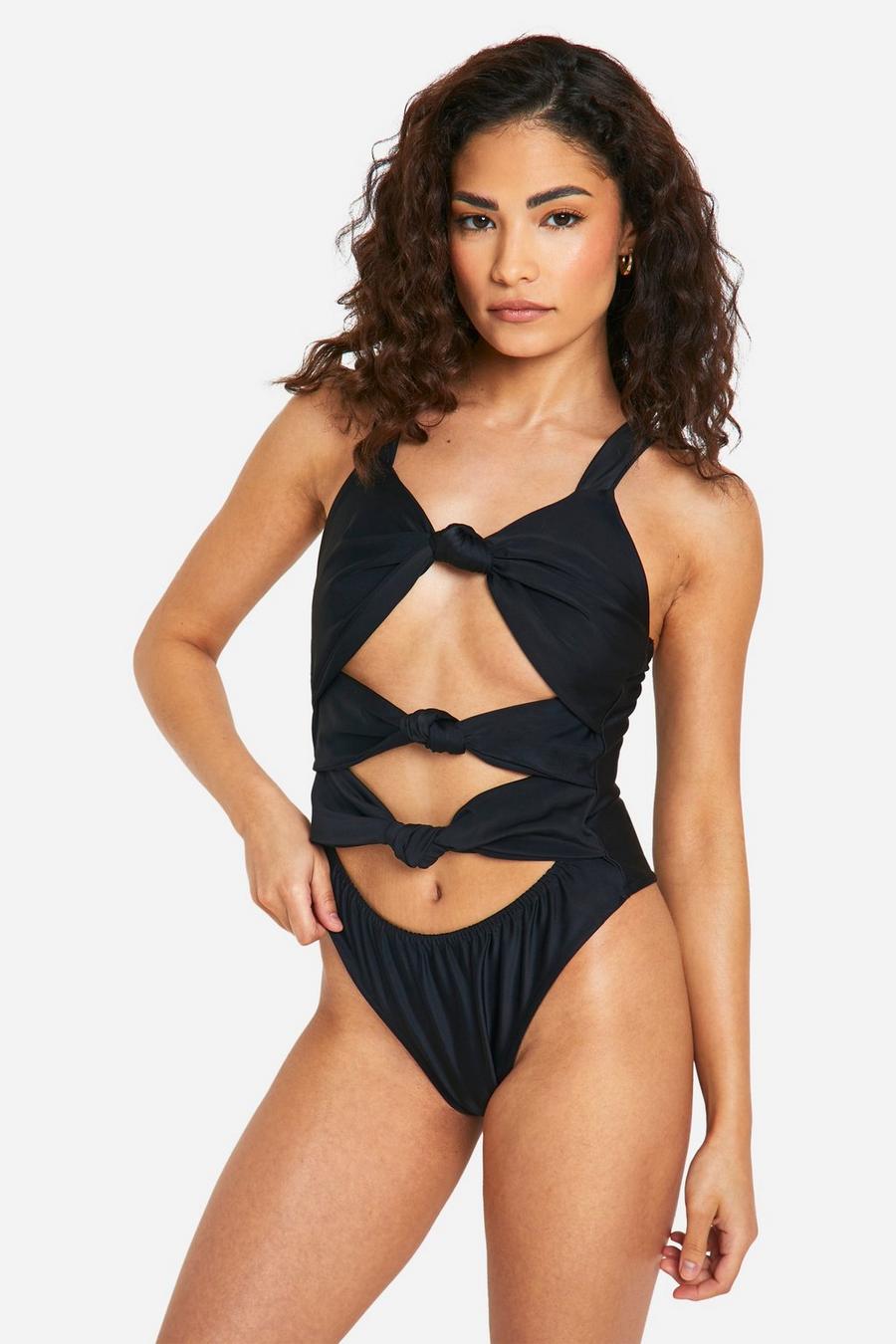Black Petite Cut Out Knot Detail Swimsuit image number 1