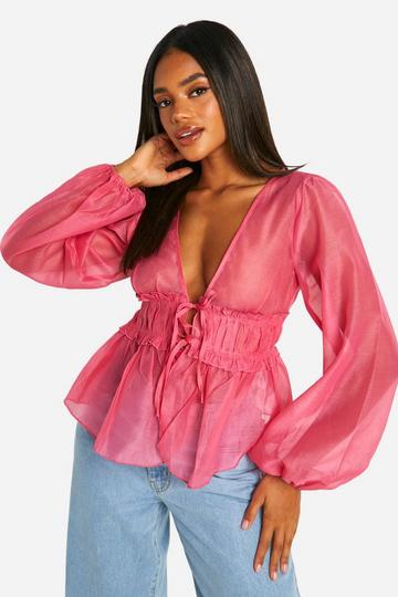 Textured Tie Volume Sleeve Blouse hot pink