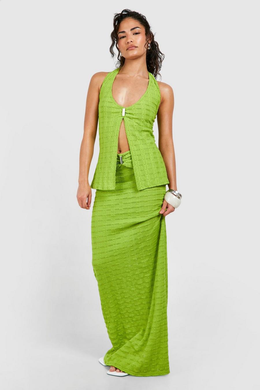 Green Petite Textured Waist Detail Maxi Skirt