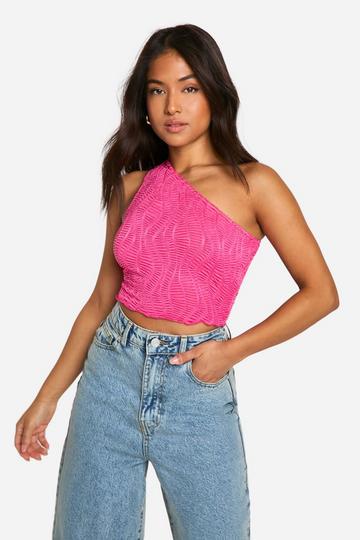 Pink Petite Textured Sheer One Shoulder Crop Top