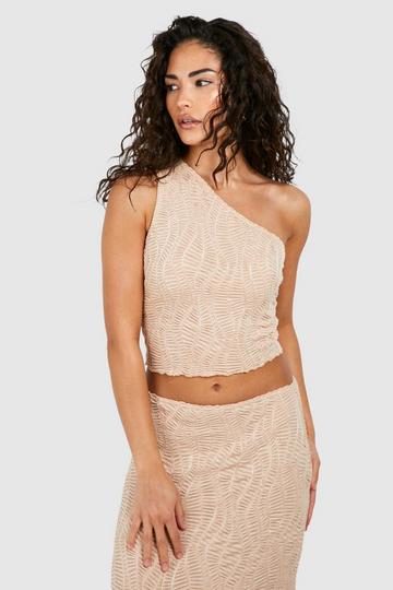 Petite Doorschijnende Crop Top Met Textuur En Eén Blote Schouder stone