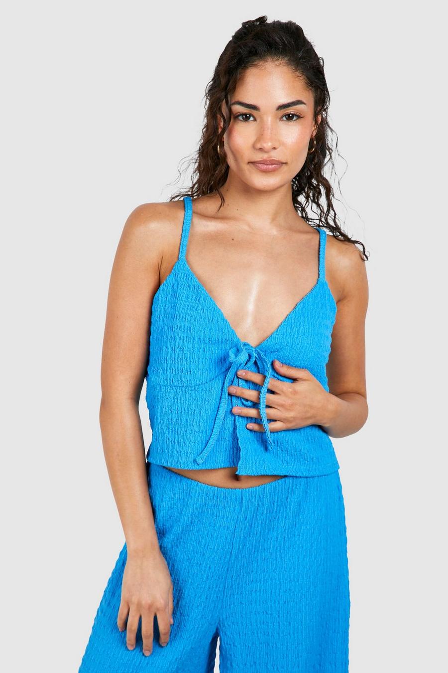 Blue Petite Textured Tie Front Strappy Crop Top image number 1