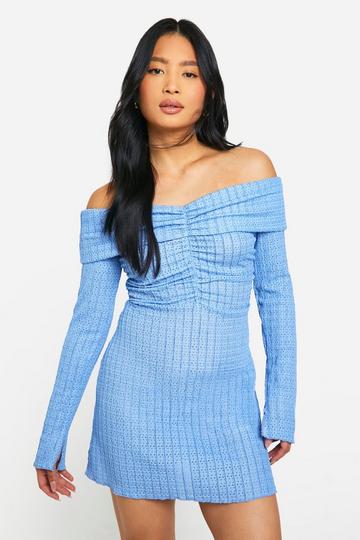 Petite Textured Bardot Mini Dress blue